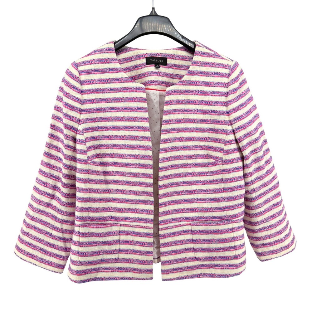Talbots Tweed Jacket Women 16 Pre-Owned Open Pink Blue Striped Collarless Blazer